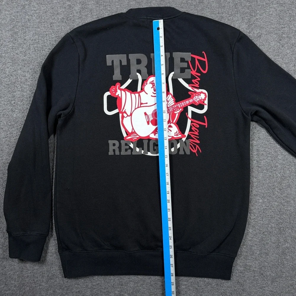 True Religion Sweatshirt Mens Large Black Bold Graphic Crew Neck Fleece Pullover
